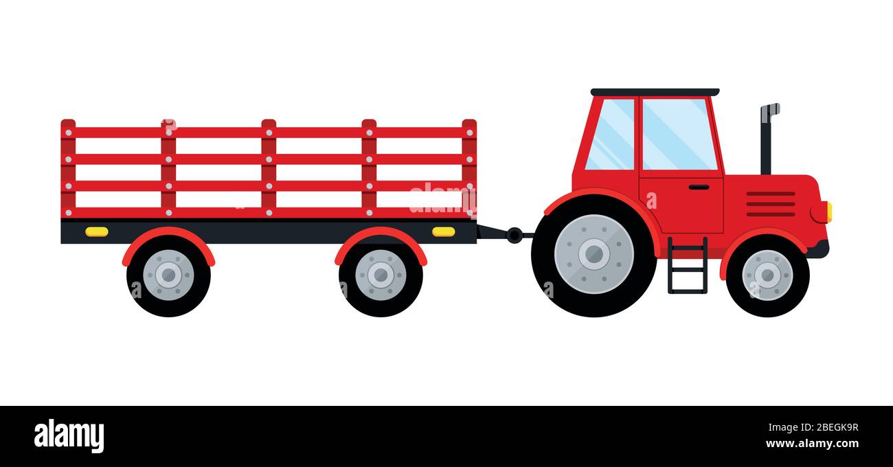Roter Traktor mit Anhänger-Symbol auf weißem Hintergrund isoliert. Stock Vektor