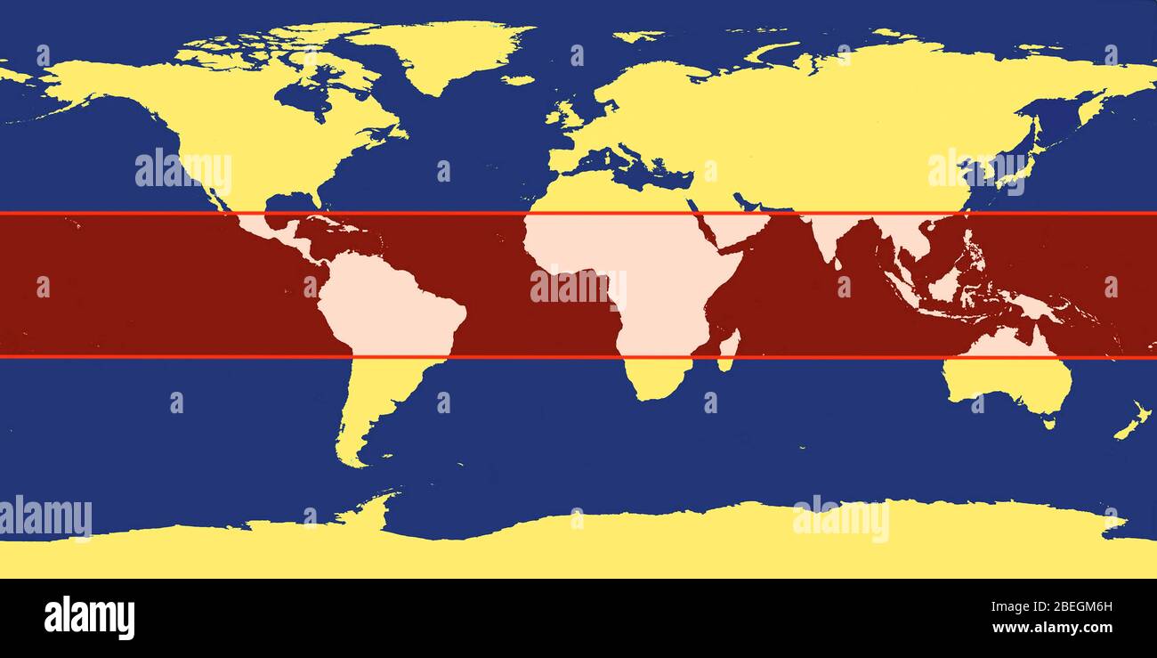 Weltkarte mit Tropic Zone Stockfoto