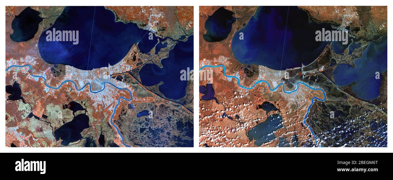 New Orleans vor und nach dem Hurrikan Katrina Stockfoto