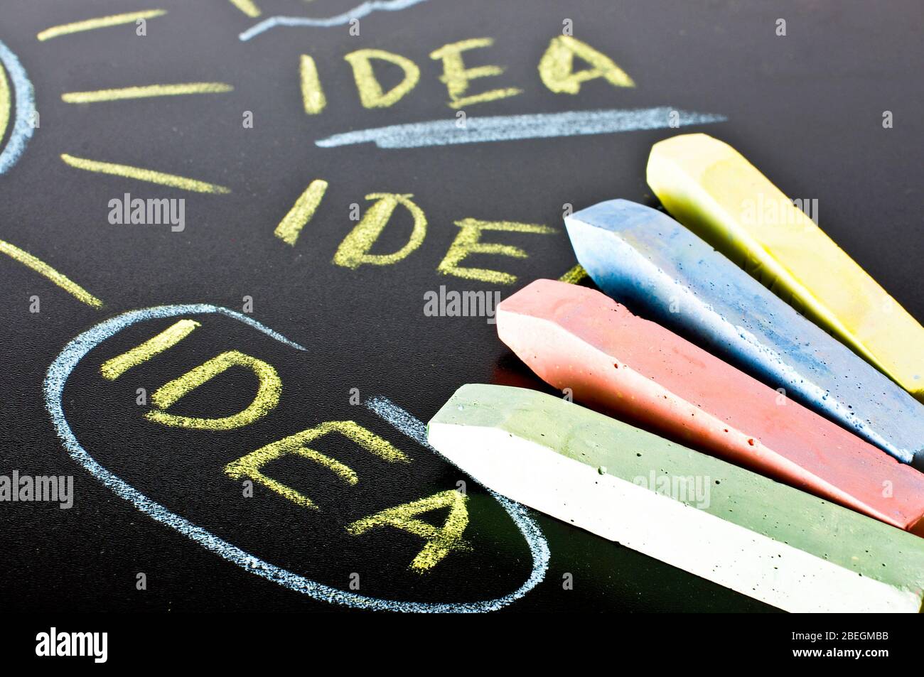 Wörter Ideen in verschiedenen Weisen und Buntstifte auf der Tafel Stockfoto