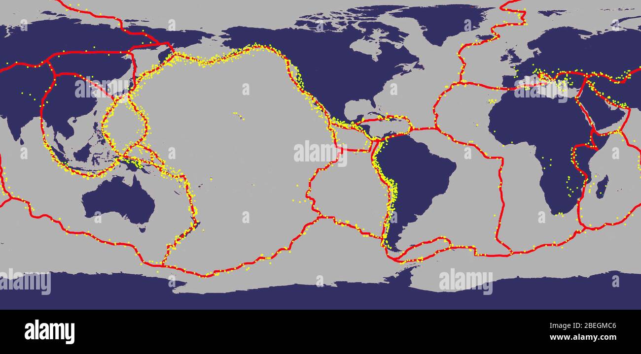 Erdtektonikplatten mit den Bereichen der meisten Erdbeben Stockfoto