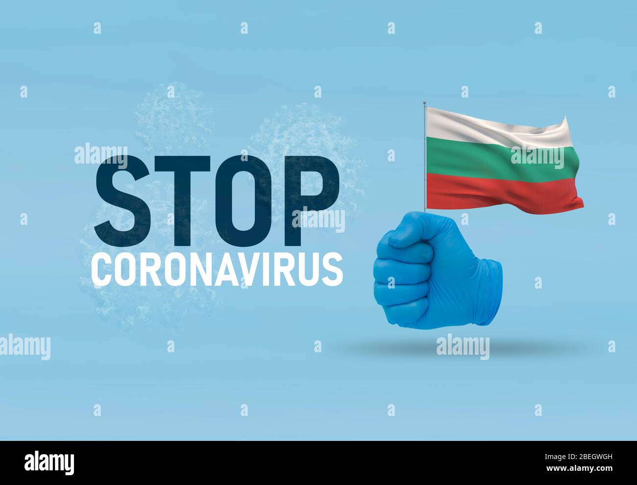 COVID-19 visuelles Konzept - Hand-Text Stop Coronavirus, Hand-Geste gegen Virusinfektion, geballte Faust hält Flagge Bulgariens. Pandemie 3D Stockfoto