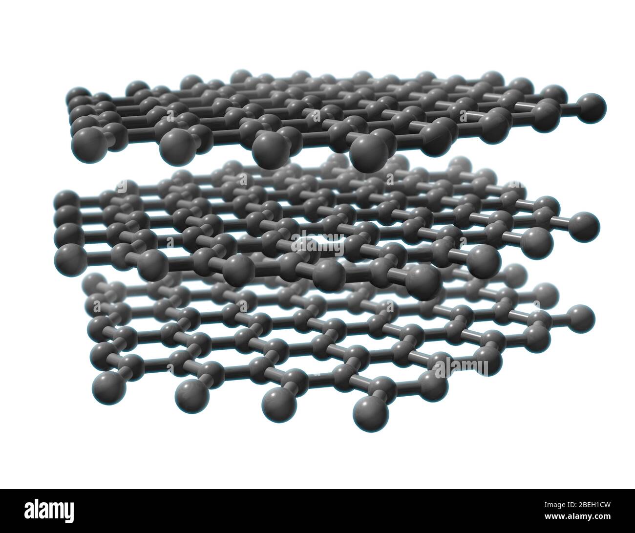 Ein molekulares Modell von Graphit, einem Mineral, das aus gestapelten  Schichten von Kohlenstoffatomen besteht, die in einem Wabengitter  angeordnet sind. Graphit gilt als die stabilste Form von Kohlenstoff unter  Standardbedingungen und wird