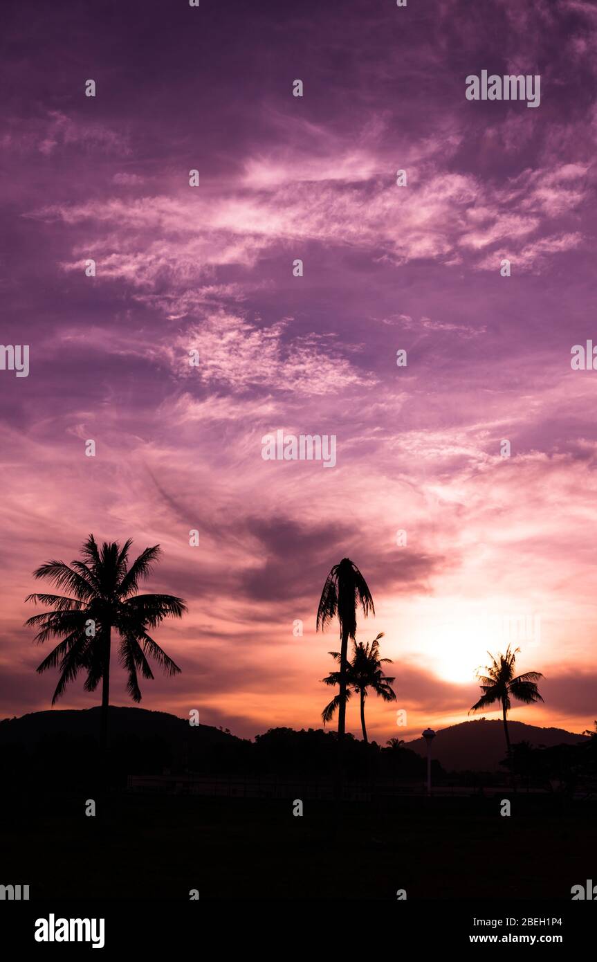 Der Sonnenuntergang wurde über dem Abendhimmel angezogen, folgen Sie einfach meinen Instinkten, Kamera hoch, um die spektakuläre Landschaft in meiner Stadt einzufangen, glitzernde Sonnenstrahlen Stockfoto