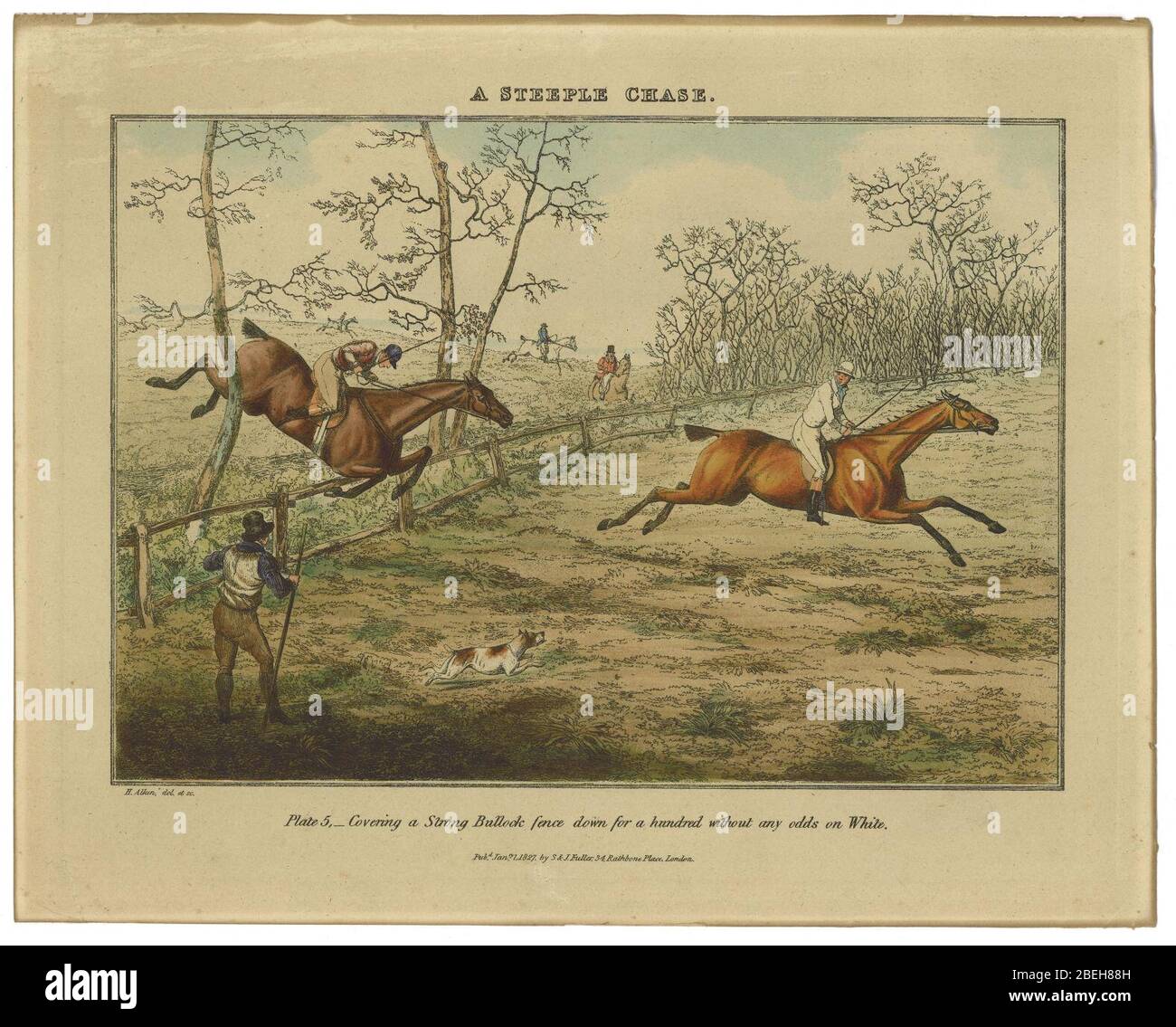 Henry Thomas Alken, EIN Kirchturm Chase. Platte 5, die einen starken Bullock Zaun für hundert ohne jede Quote auf Weiß. Stockfoto