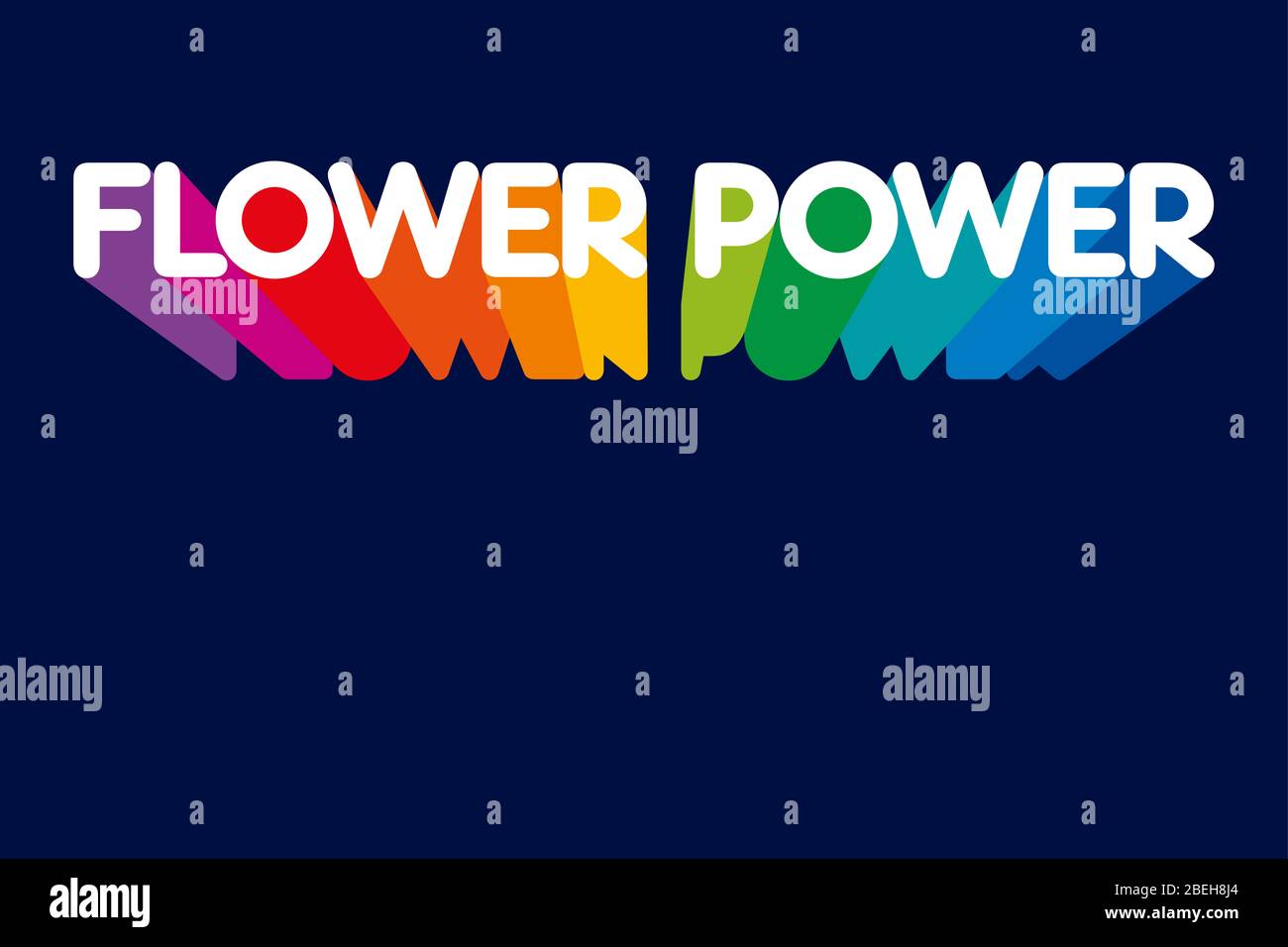 Flower Power Schriftzug mit nach unten zeigenden Schatten in Regenbogenfarben. Slogan, der in den 60er und 70er Jahren als Symbol des passiven Widerstands verwendet wurde. Stockfoto