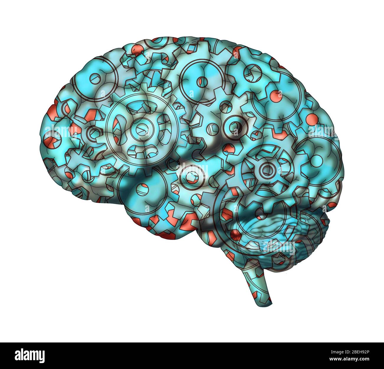 Eine konzeptuelle Illustration, die Zahnräder im Gehirn zeigt. Stockfoto