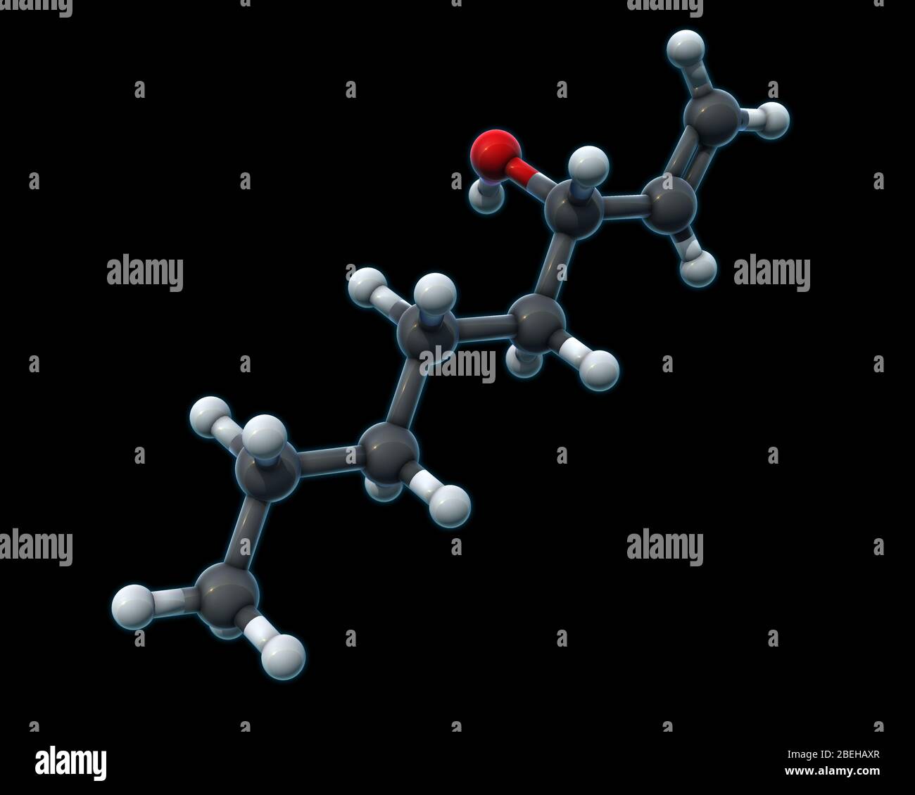 Ein molekulares 3D-Modell von Octenol, auch bekannt als 1-Octen-3-ol oder "Raumialkohol". Octenol ist eine Chemikalie, die in menschlichen Atem und Schweiß, Pflanzen und Fugi gefunden wird, die beißende Insekten wie Mücken anzieht. Octenol entsteht beim Abbau von Linolsäure. Atome sind dunkelgrau (Kohlenstoff), hellgrau (Wasserstoff) und rot (Sauerstoff) gefärbt. Stockfoto