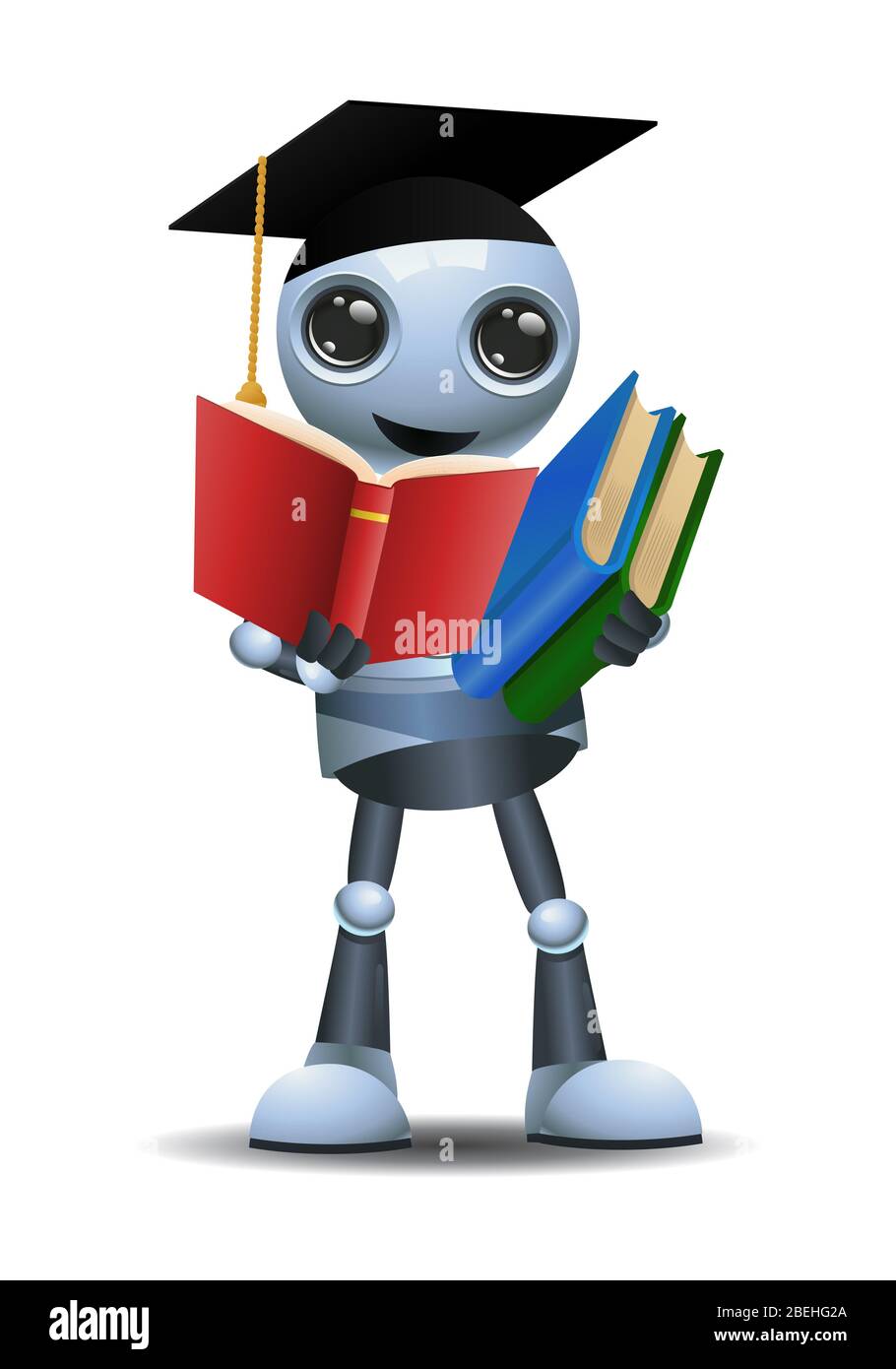 3d-Illustration von kleinen Roboter lernen aus Büchern, die Bildungsabschluss auf isolierten weißen Hintergrund Stockfoto