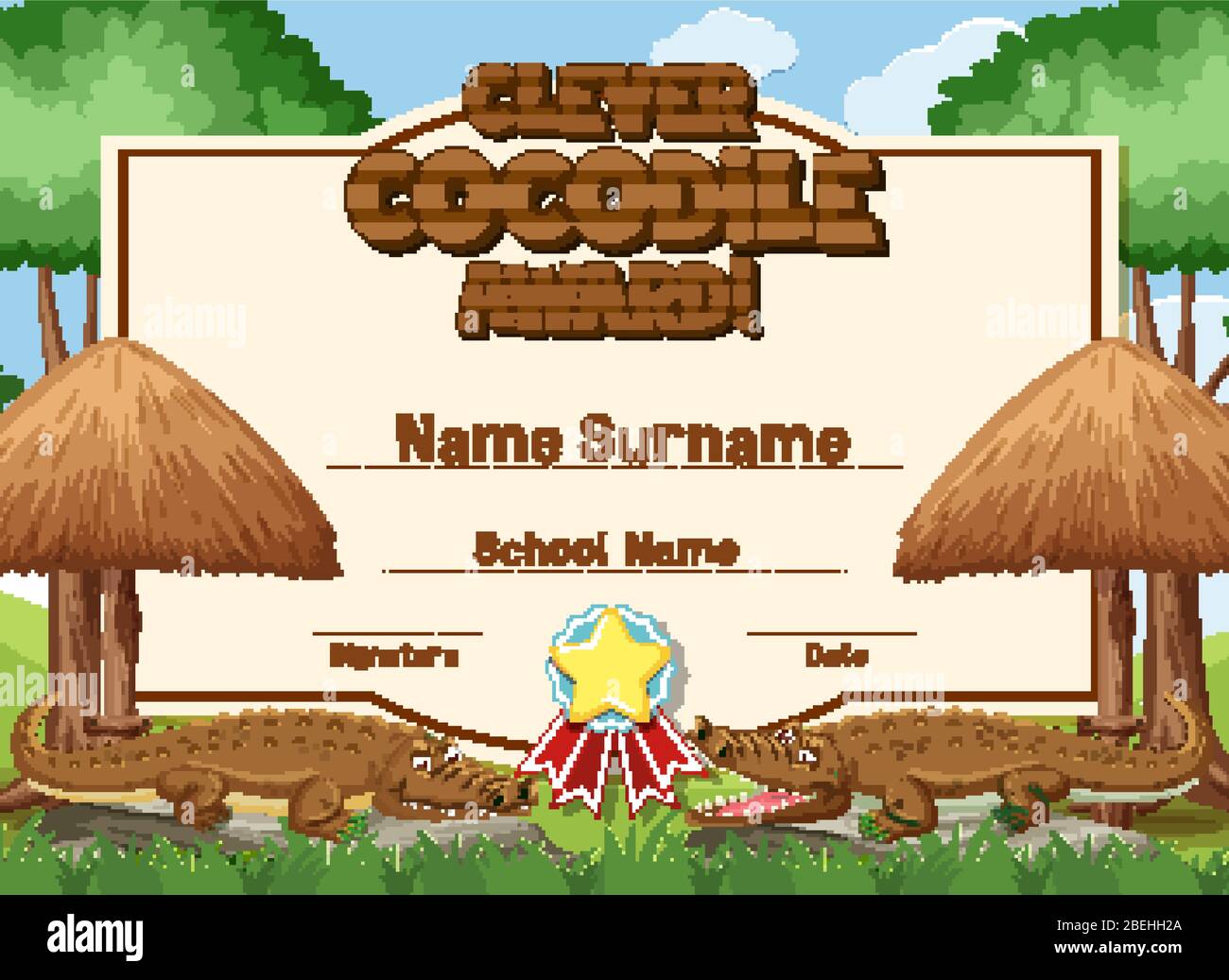 Zertifikat Vorlage Design für clevere Krokodil Auszeichnung mit Krokodilen im Hintergrund Illustration Stock Vektor