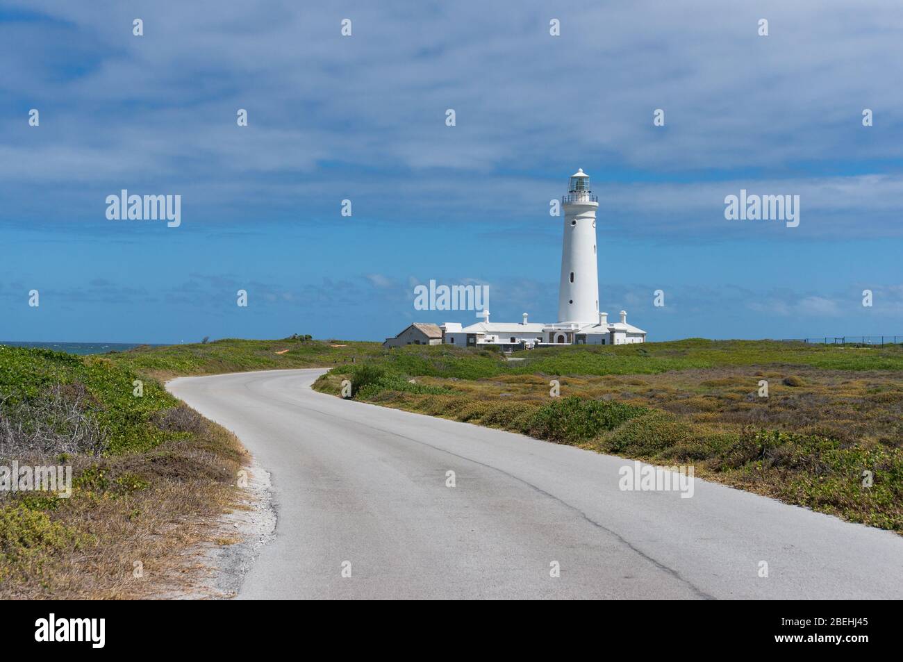 Weißer Leuchtturm gegen blauen Himmel mit geschwungenen Straße im Vordergrund. Seal Point Lighthouse am Cape St Francis in Südafrika Stockfoto