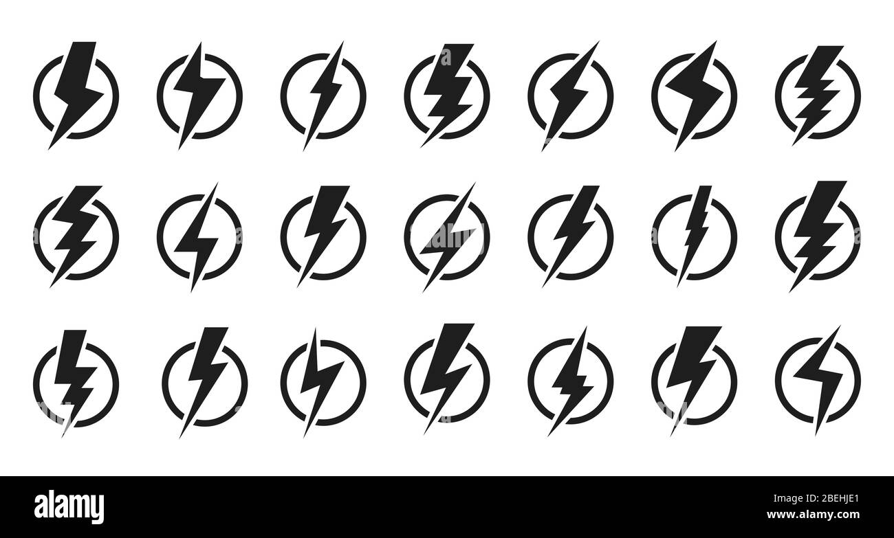 Symbole für schwarze Blitzableiter. Elektrisches Schlagschild im Kreis. Ideal für Design-Logo Spannung Leistung und Gefahr von Stromschlag. Symbol Energie und Donner Elektrizität. Isolierte Vektordarstellung Stock Vektor