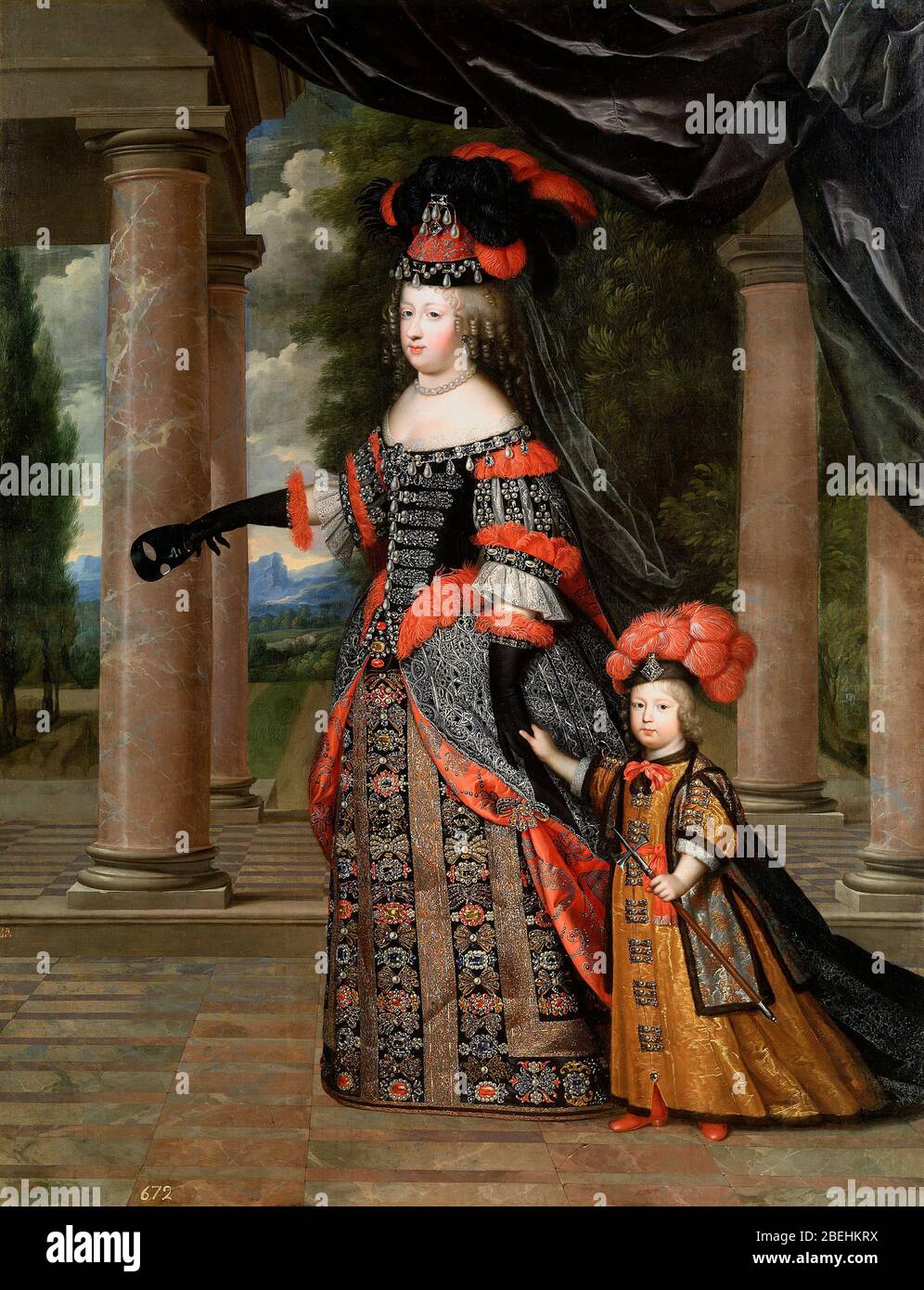 Porträt von Maria Theresia von Spanien und ihrem Sohn in polnischer Tracht - Charles Beaubrun und Henri Beaubrun der Jüngere, um 1664 Stockfoto