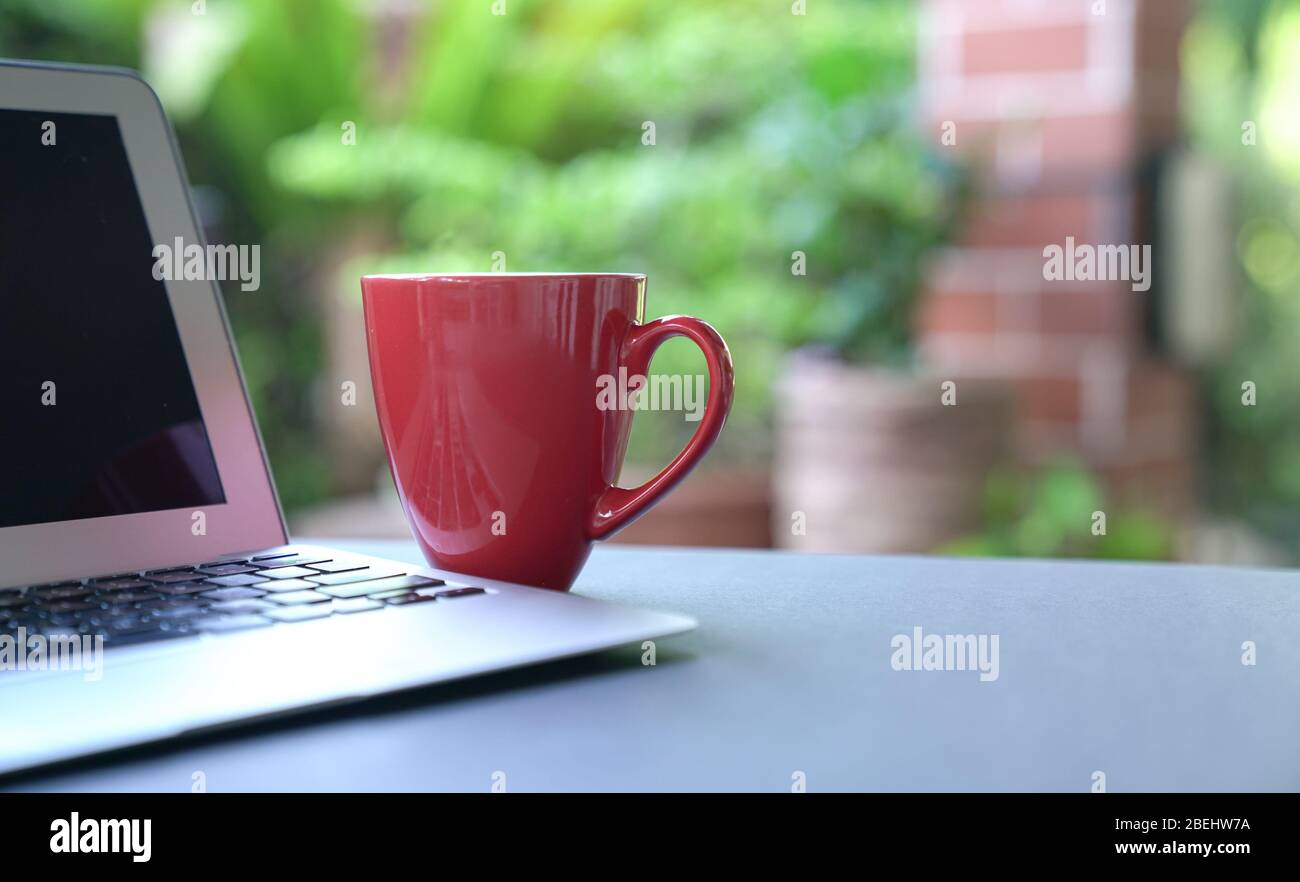 Computerlaptop und Kaffee in roter Tasse mit Gartenhintergrund. Arbeiten Sie von zu Hause aus. Kopierbereich. Stockfoto