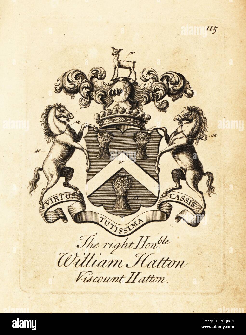 Wappen des rechten Ehrenwürdigen William Hatton, 1. Viscount Hatton (1632–1706). Kupferstich von Andrew Johnston nach C. Gardiner von Notitia Anglicana, der die Errungenschaften des gesamten englischen Adels Andrew Johnson, The Strand, London, 1724 zeigt. Stockfoto