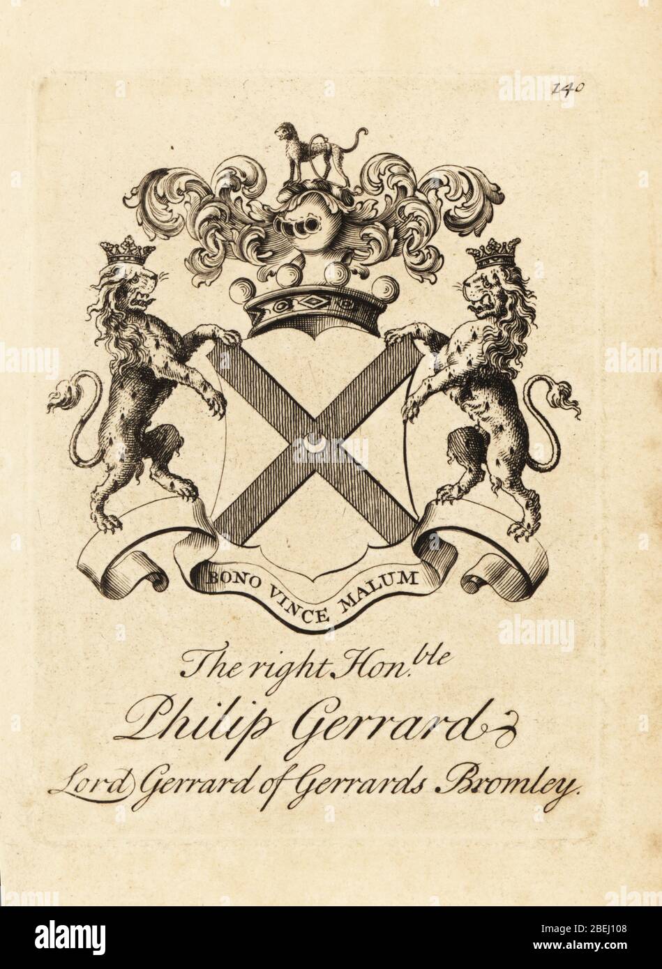 Wappen des rechten Ehrenhaften Philip Gerrard, Lord Gerrard of Gerrards Bromley, 7. Baron Gerard, 1665–1733. Kupferstich von Andrew Johnston nach C. Gardiner von Notitia Anglicana, der die Errungenschaften des gesamten englischen Adels Andrew Johnson, The Strand, London, 1724 zeigt. Stockfoto