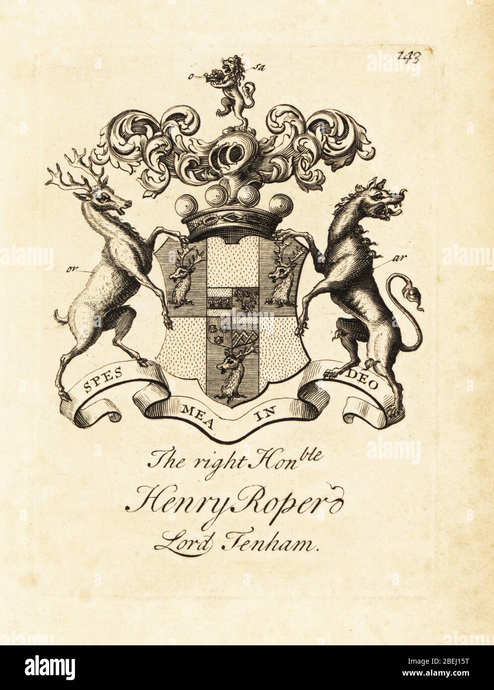 Wappen des rechten Ehrenhaften Henry Roper, Lord Tenham, 10. Baron Teynham, 1708–1781. Kupferstich von Andrew Johnston nach C. Gardiner von Notitia Anglicana, der die Errungenschaften des gesamten englischen Adels Andrew Johnson, The Strand, London, 1724 zeigt. Stockfoto