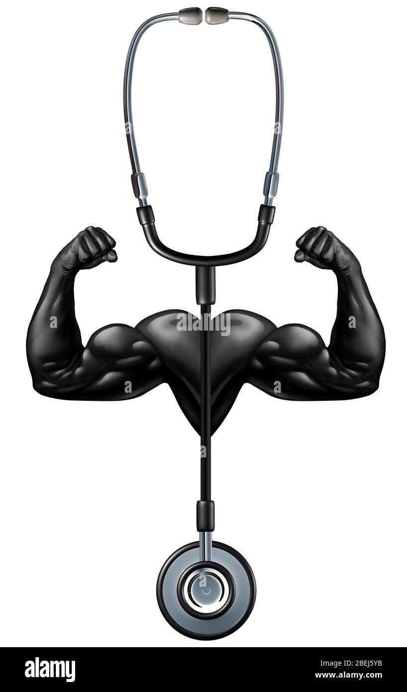 Gesundheitssystem Stärke und starke Gesundheit Symbol oder Bodybuilding und Bodybuilder Symbol oder Sportmedizin mit 3D-Illustration Elemente. Stockfoto