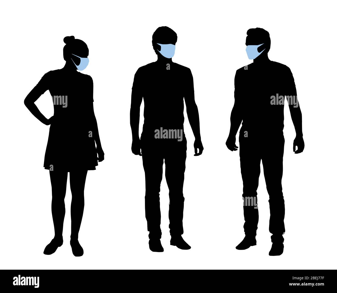 Realistische Darstellung von Silhouetten von Menschen, Männern und Frauen Zeichen mit Schutzmasken gegen Kovid-Infektion im Gesicht. Isoliert auf weiß Stock Vektor