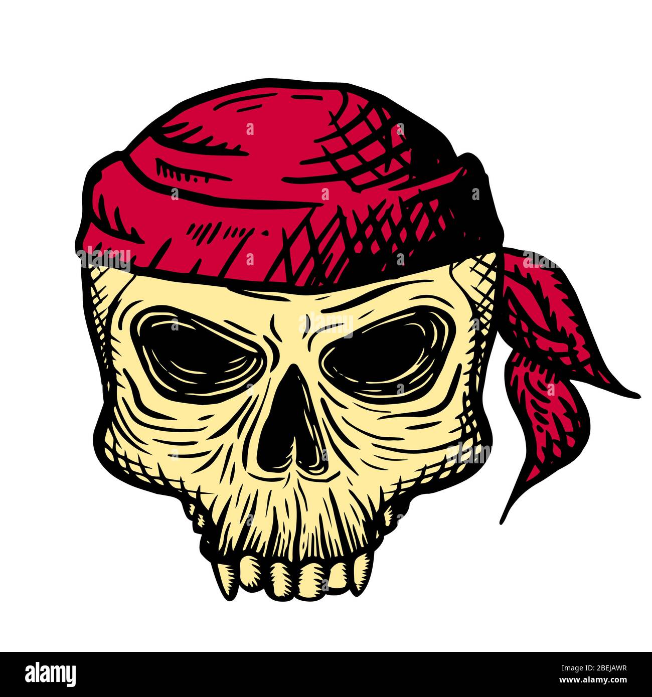 Handgezeichneter Schädel eines Toten in einer roten Bandana, auf weißem Grund. Vektorgrafiken. Stock Vektor