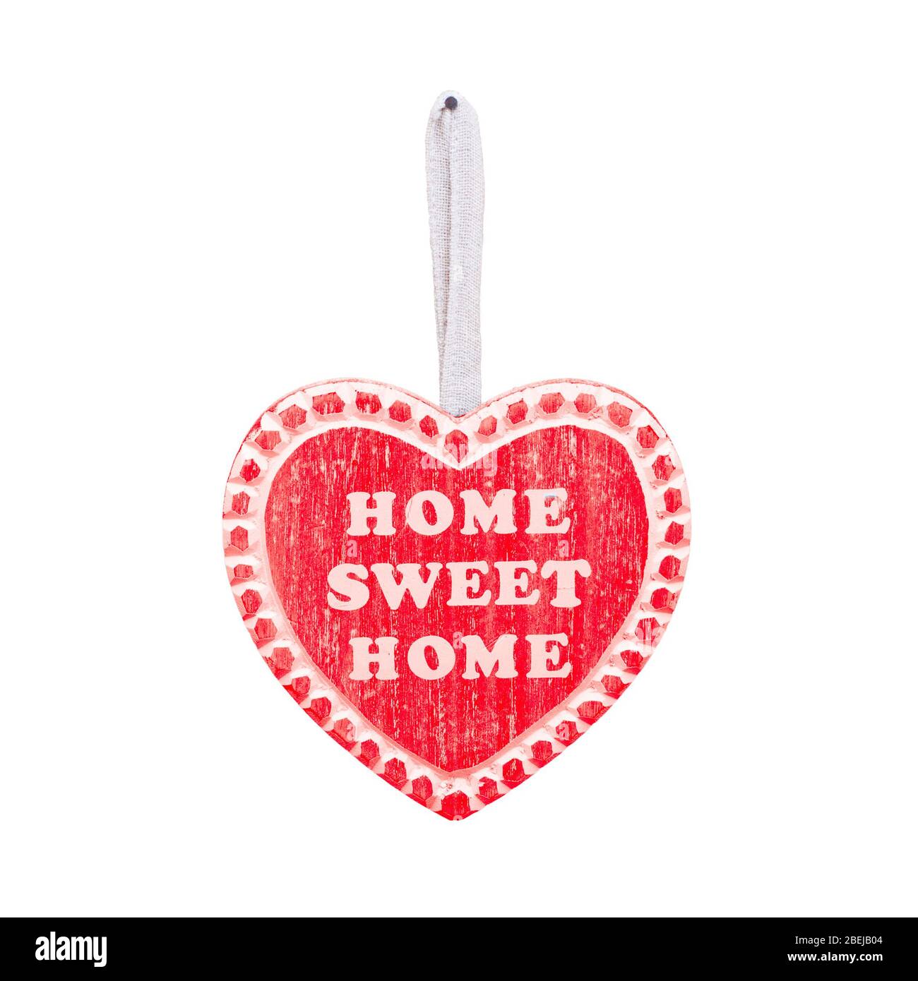 Home süße Haus Zitat in Herzform Dekoration, isoliert auf weißem Hintergrund Stockfoto
