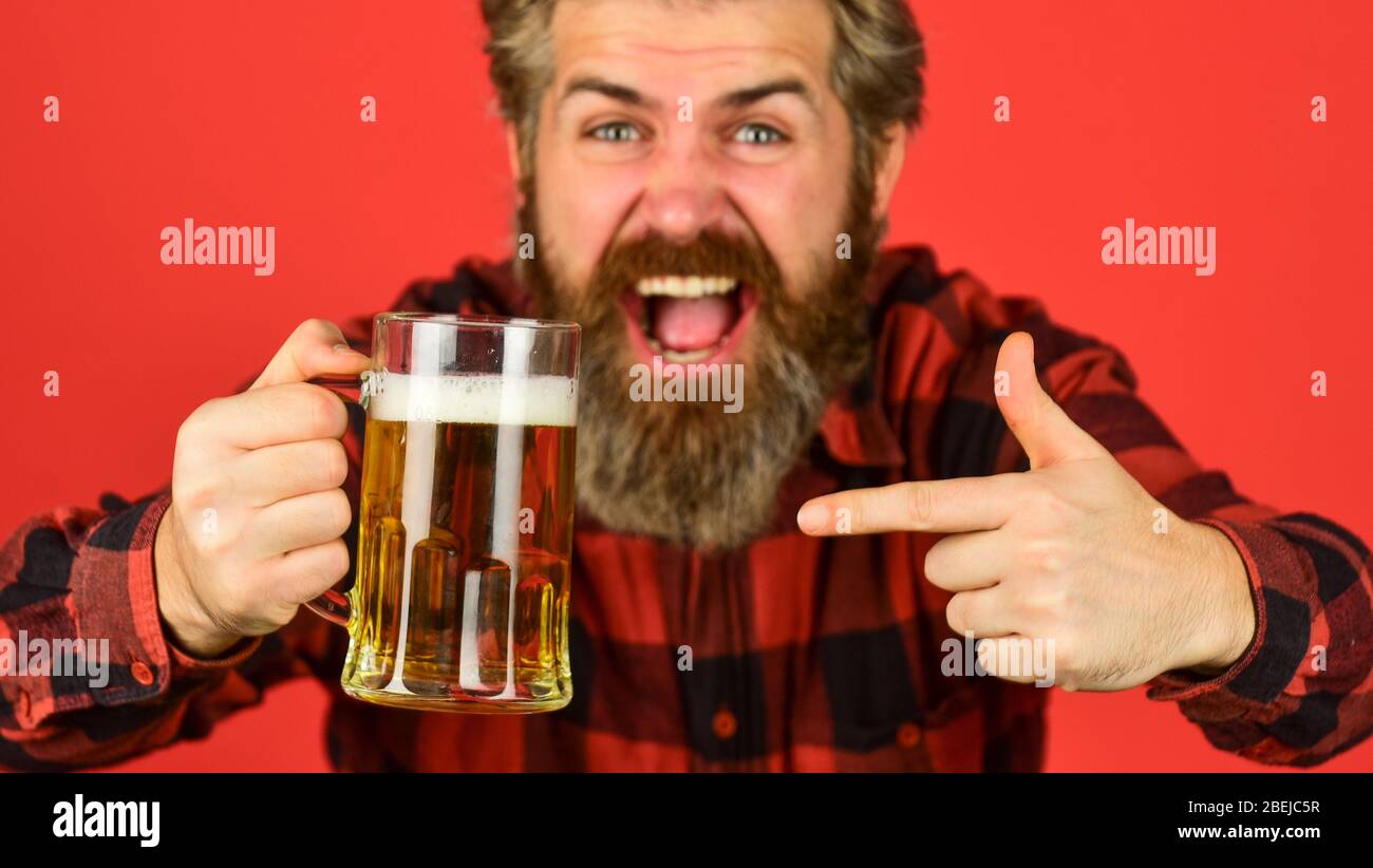 Machen Sie einen Schluck. Feiern Sie mit Alkohol. Handwerkliches Können.  Reife bärtige Mann halten Bierglas. Freizeit und Feiern. Mann, der Bier in  der Kneipe trinkt. Bierbrauerei. Brutaler Hipster trinken Bier. Alles gute