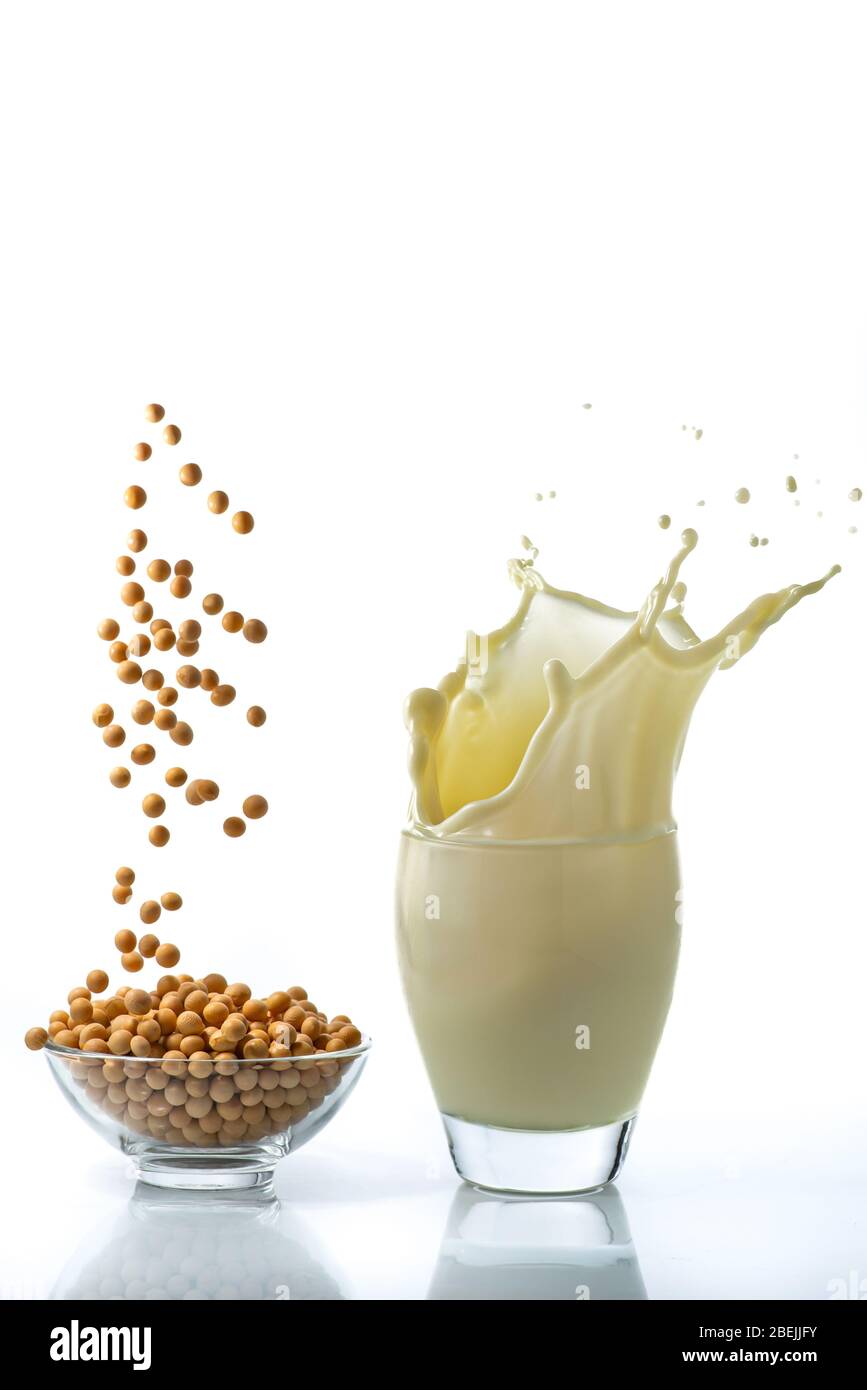 Im Glas frische Sojamilch mit einem Spritzer und einem Wasserfall aus gelber Soja. Weißer Hintergrund Stockfoto
