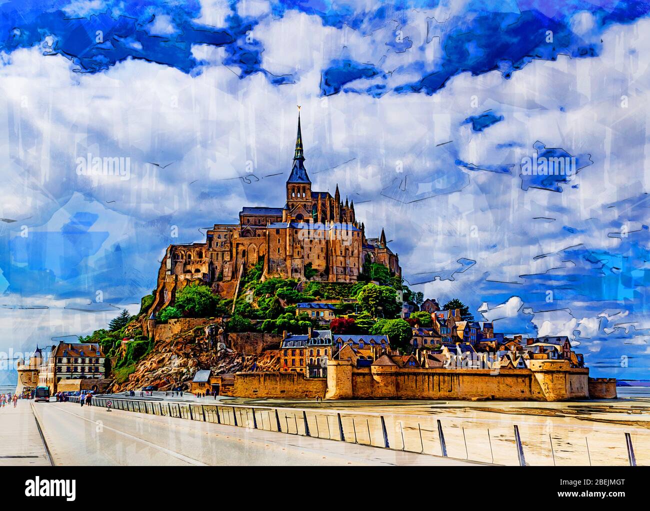 Malerischer Blick auf den Mont Saint Michel. Le Mont Saint Michel, eine der meistbesuchten Sehenswürdigkeiten Frankreichs. Farbbleistift Skizze Illustration. Stockfoto