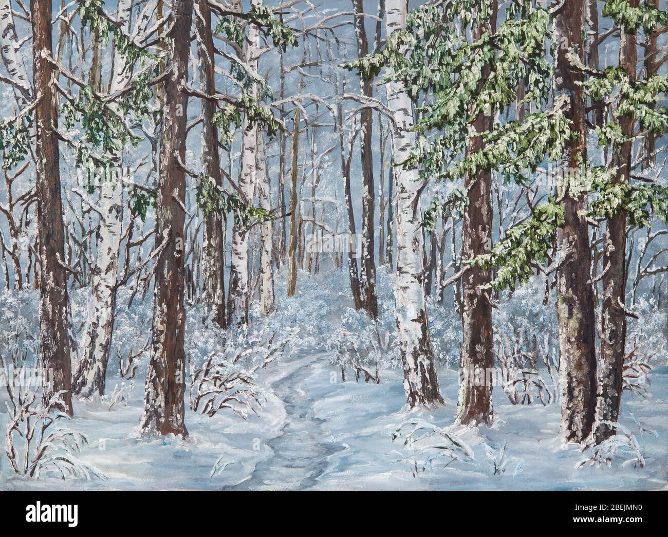 Winterlandschaft mit Bäumen im Schnee auf einer Leinwand. Original Ölgemälde. Gemälde des Autors. Stockfoto