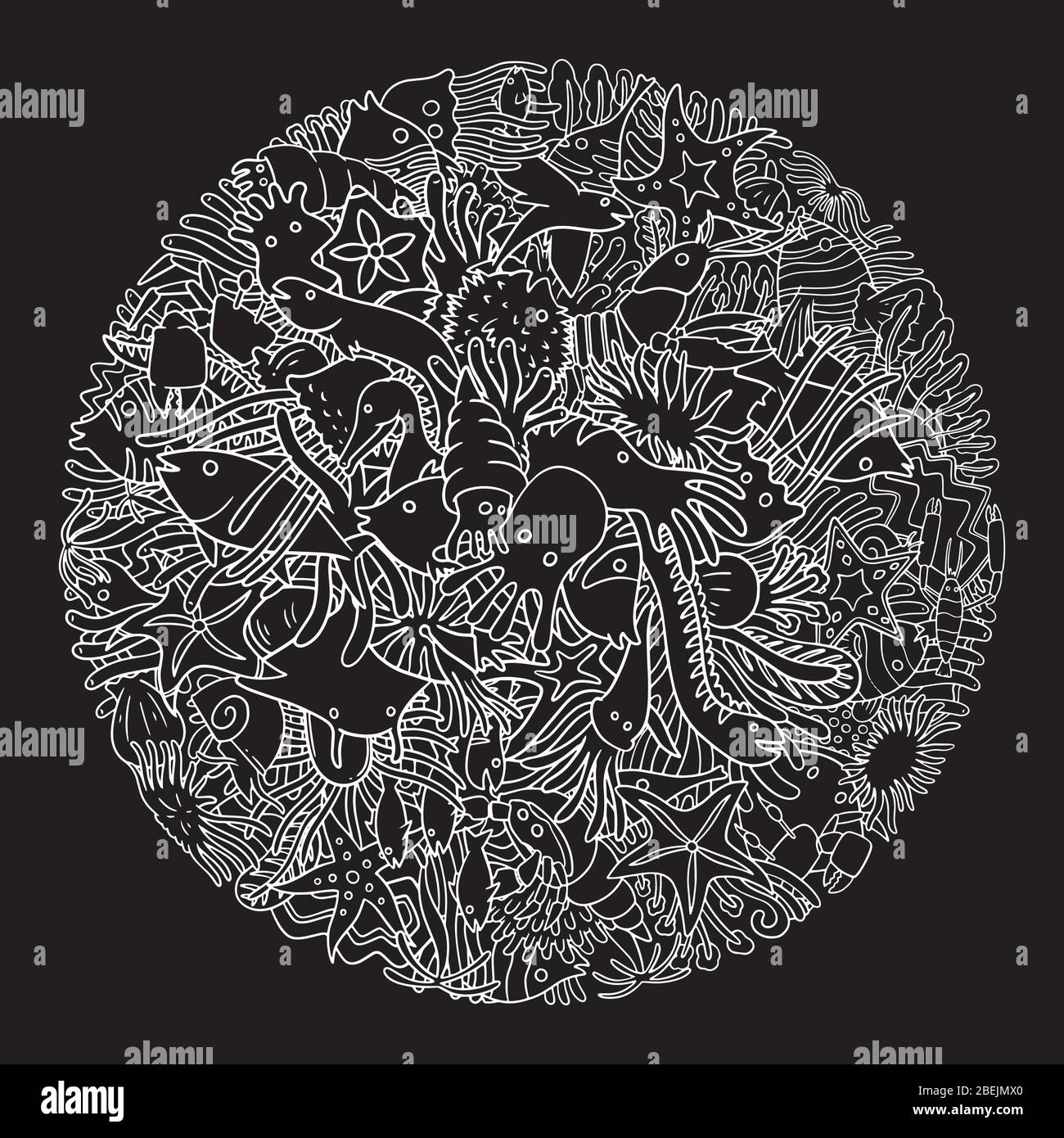 Sea Life Doodle. Sammlung von Meereslebewesen Doodle in einem Kreis Rahmen. Schwarz-Weiß-Vektorgrafik. Stock Vektor