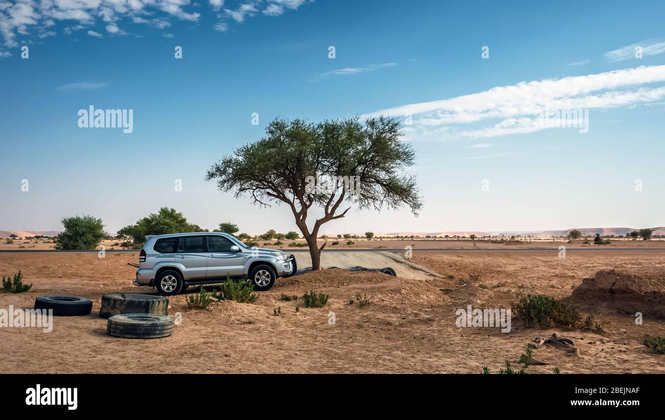 Rand der Weltreise - Riad, Saudi-Arabien. Am 8. November 2019 angeklickt. Vermitteln Sie Autos, die an den Rand der Welt fahren Riad Saudi Arabien thro Stockfoto