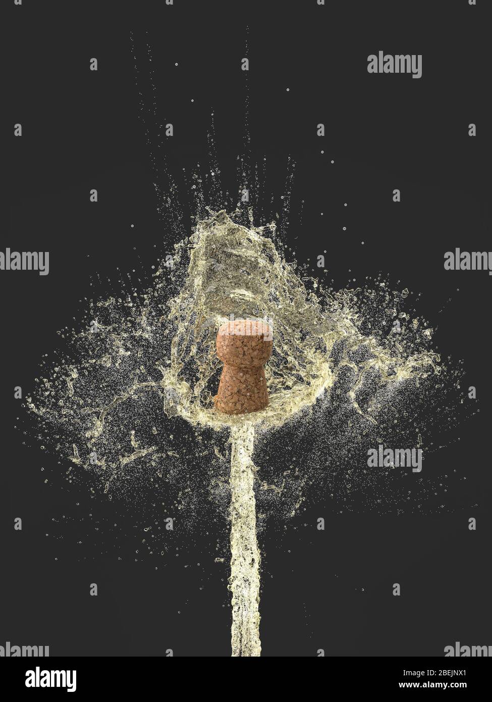 Detail der Explosion eines Korkens einer Flasche Champagner. Spritzender Wein auf dunklem Hintergrund. Konzept für Feier, Party, Urlaub. 3d-rendering-ima Stockfoto