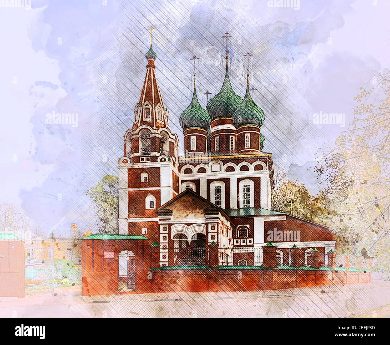 Aquarell-Styling - die Kirche des Erzengels Michael in Jaroslawl. Goldener Ring, Russland. Stockfoto