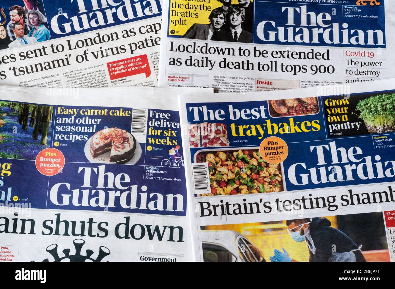 Eine Auswahl von Titelseiten des Guardian zeigen die Reaktion des Papiers auf die 2020 Covid 19 Coronavirus Pandemie. Stockfoto
