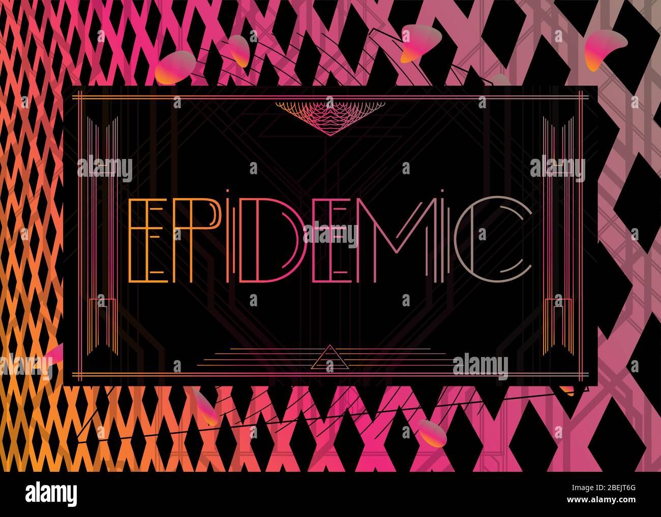 Art déco-Epidemie. Dekorative Grußkarte, Schild mit Vintage-Buchstaben. Stock Vektor