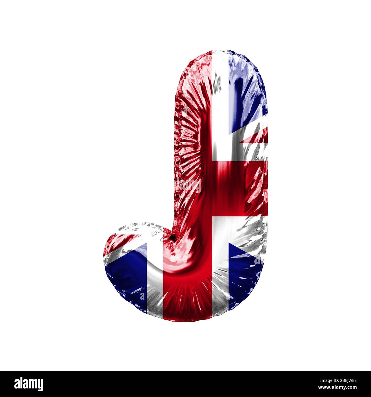 Buchstabe J Union Jack Großbritannien Flagge Folie Ballon Schriftart. 3D-Rendern Stockfoto