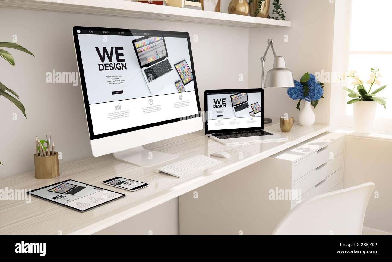 Responsive Website auf Geräten Bildschirm Home Office-Setup 3d-Rendering Stockfoto
