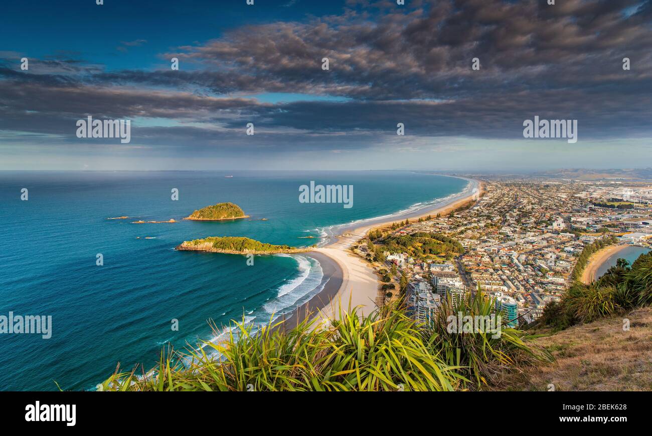 Ein Blick auf Taurunga vom Gipfel des Mount Maunganui Stockfoto