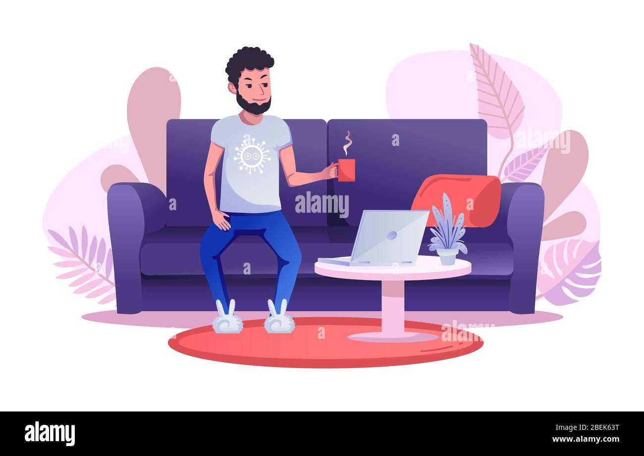 Ein Mann arbeitet fernab, sitzt auf dem Sofa und trinkt eine Tasse Tee oder Kaffee. Abgeschlossen flache Cartoon Vektor-Illustration. Stock Vektor