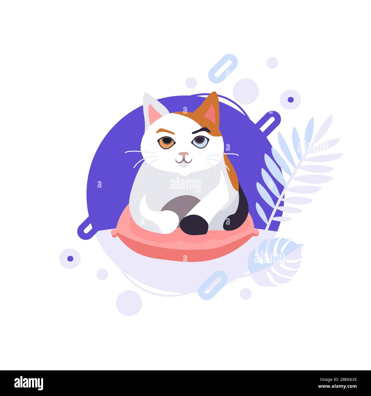 Cartoon Japanische Bobtail Katze auf dem Kissen. Abgeschlossene und isolierte Vektordarstellung. Stock Vektor