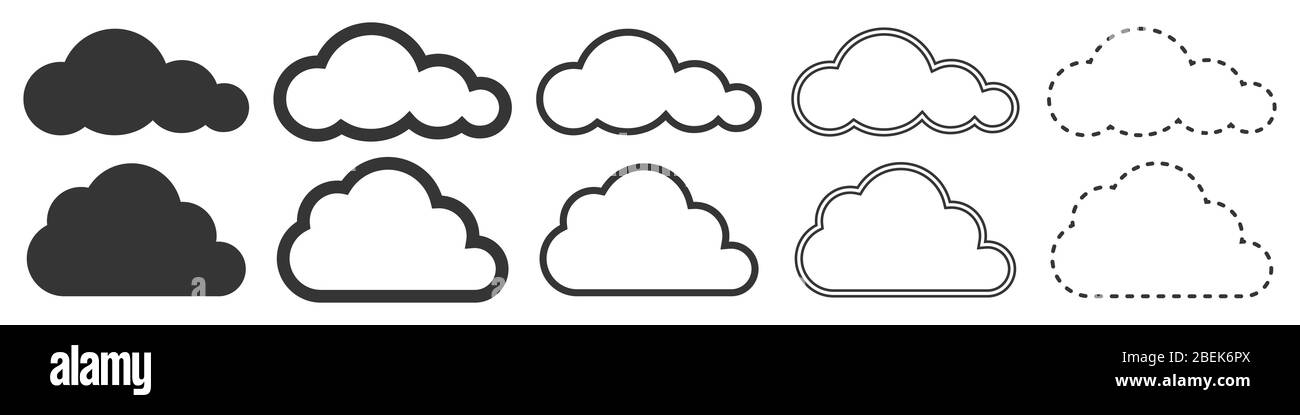 Symbole für Wolkenvektoren. Satz von Wolkensymbolen auf weißem Hintergrund. Vektorgrafik. Verschiedene schwarze Cloud-Symbole. Stock Vektor