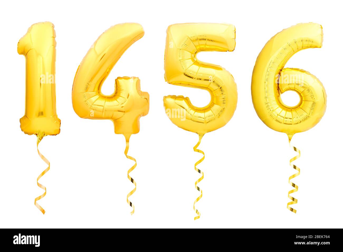 Zahlen 1 4 5 6 aus goldenen Ballons mit goldenem Band isoliert auf weißem Hintergrund Stockfoto