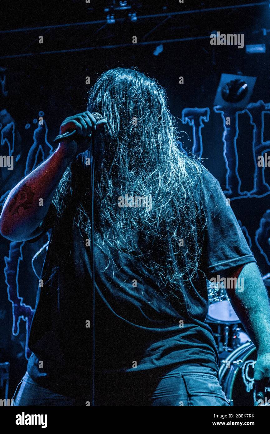 Kolding, Dänemark. Februar 2018. Die amerikanische Death Metal Band Cannibal Corpse spielt ein Live-Konzert im Godset in Kolding. Hier ist Sänger George Fisher a.k.a. Corpsgrinder live auf der Bühne zu sehen. (Foto: Gonzales Photo - Lasse Lagoni). Stockfoto