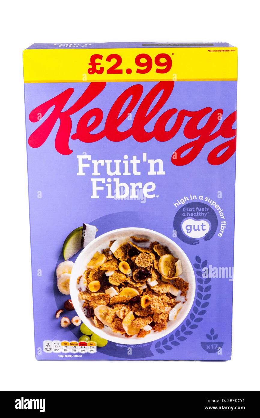 Fruit 'n Fiber Frühstück Müsli Kellogg's Marke Box Box Faser Produkt Ausschnitt geschnitten weißen Hintergrund isoliert, Obst und Faser, Kellogs Fruchtfaser Stockfoto