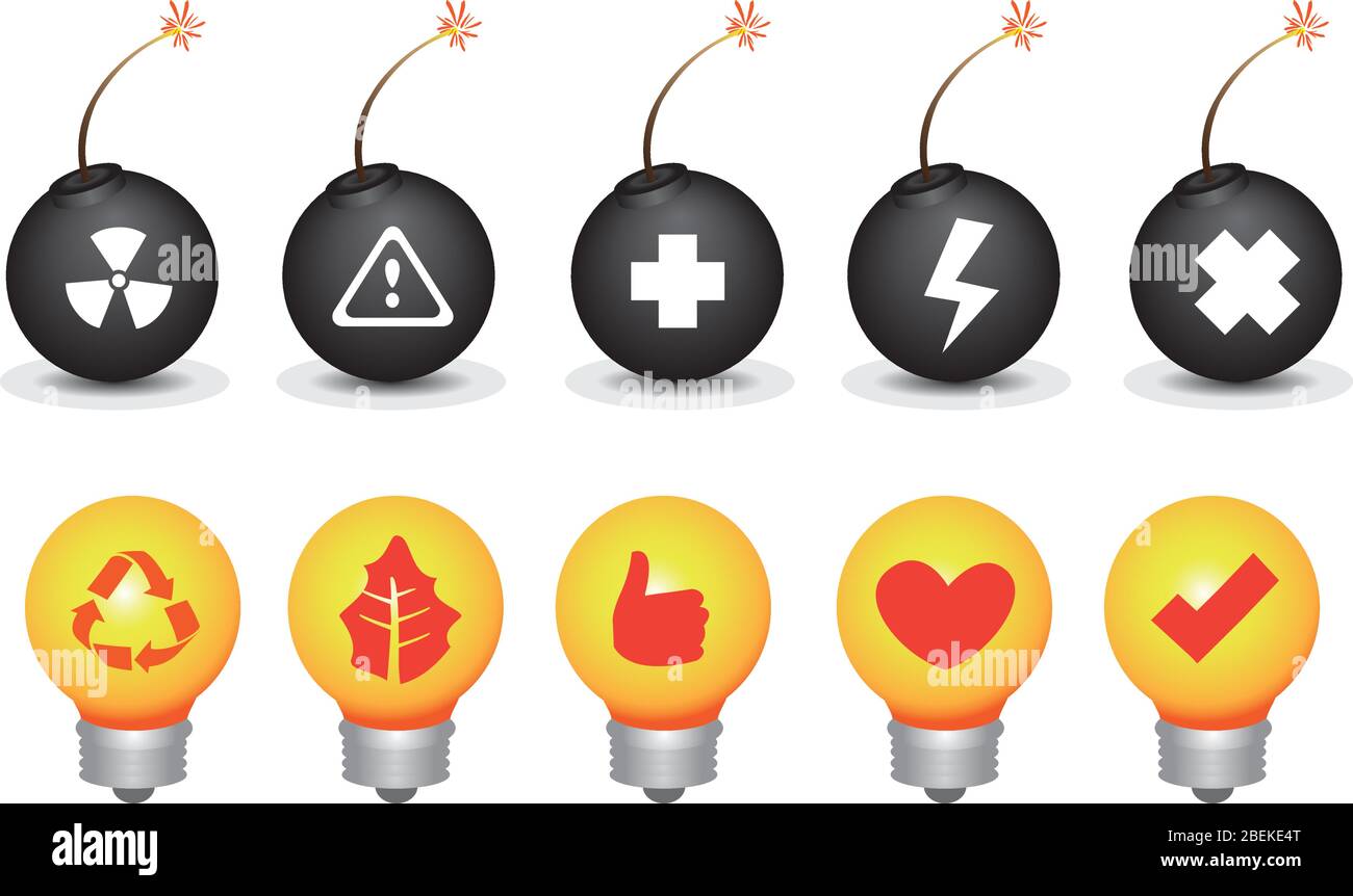Vektor-Symbol-Set von Glühbirnen und Bomben mit Symbolen für Umweltzerstörung und Erhaltung Thema isoliert auf weißem Hintergrund, Stock Vektor