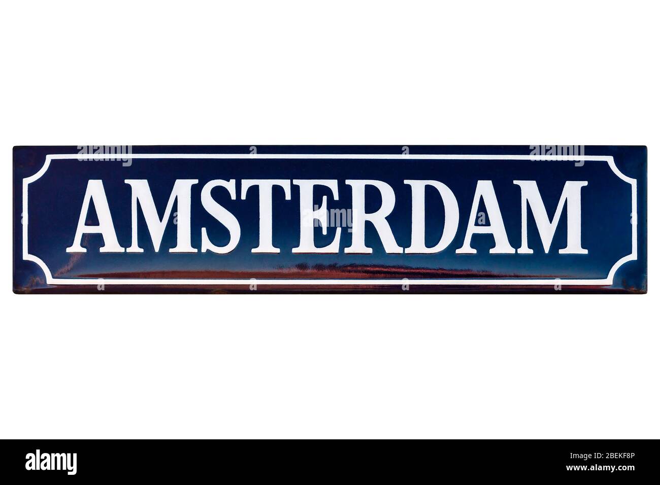 Vintage Emaille Straßenschild mit dem Text Amsterdam isoliert auf weißem Hintergrund Stockfoto