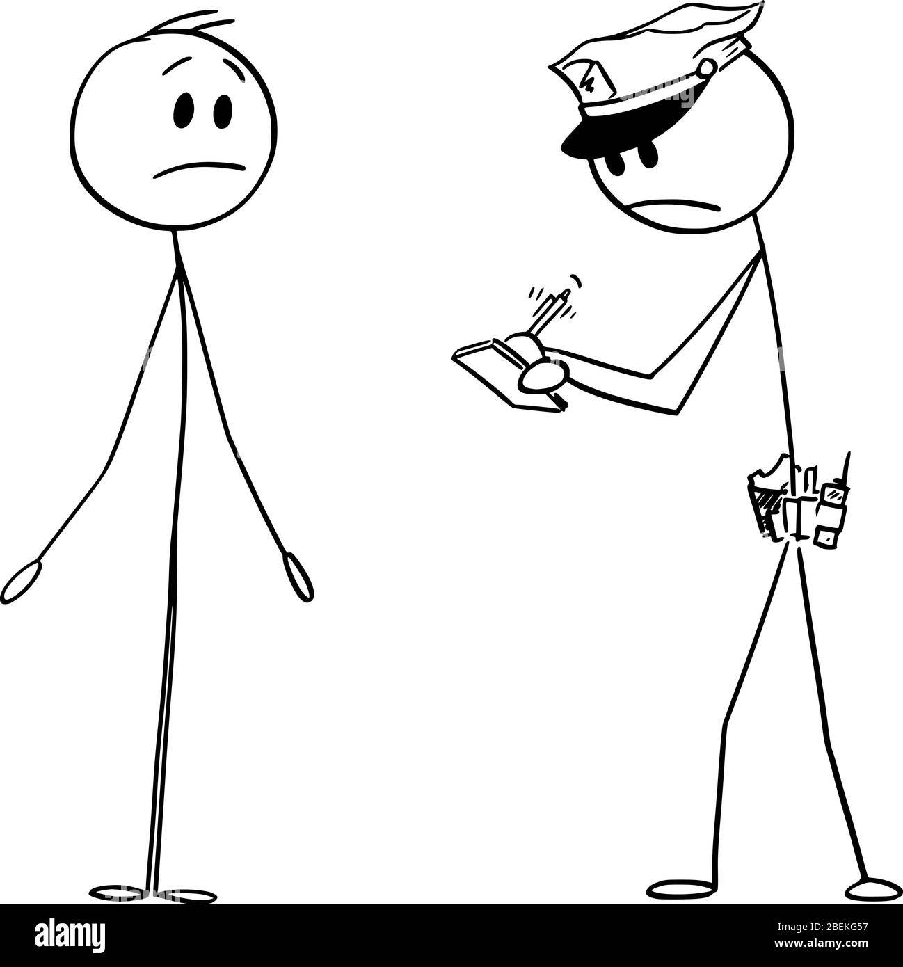 Vektor Cartoon Stick Figur Zeichnung konzeptionelle Illustration von Polizisten oder Polizisten Schreiben von Benachrichtigungen oder fein, und Mann zeigt ich weiß nicht, oder ich bin nicht schuldig Geste. Stock Vektor