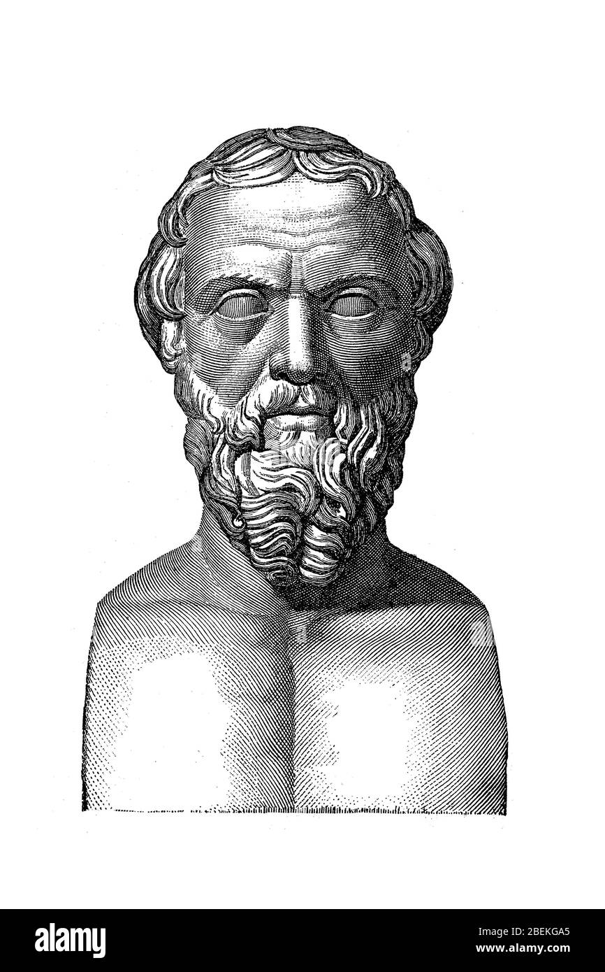 Herodot von Halikarnassus, Halikarnassus, 490/480 v. Chr. - 430/420 v. Chr., war ein altgriechischer Historiker, Geograph und Ethnologe / Herodot von Halikarnass, Halikarnassos, 490/480 v. Chr. - 430/420 v. Chr., war ein antiker griechischer Geschichtsschreiber, Geograph und Völkerkundler, Historisch, Digital verbesserte Reproduktion eines Originals aus dem 19. Jahrhundert / Digitale Reproduktion einer Originalvorlage aus dem 19. Jahrhundert Stockfoto