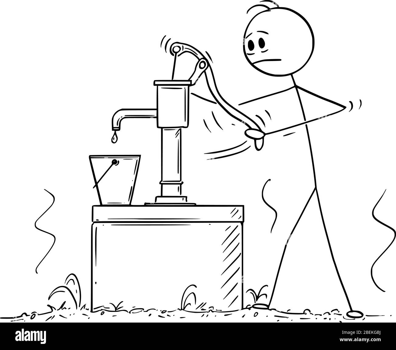 Vektor Cartoon Stick Figur Zeichnung konzeptionelle Illustration von depressiven Mann oder Landwirt versuchen, Pumpen oder Wasser aus leeren Dry gut ziehen Stock Vektor