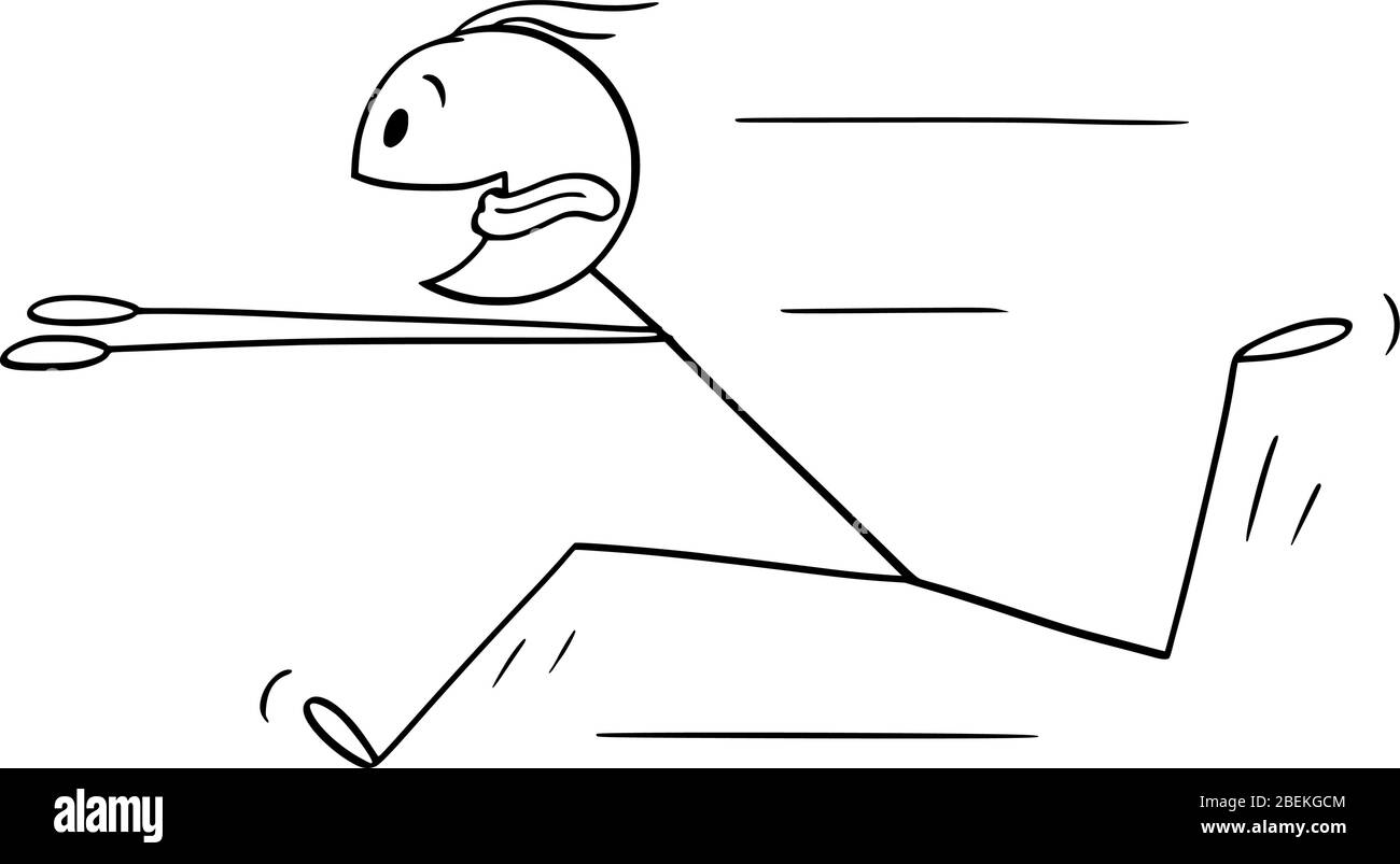 Vektor Cartoon Stick Figur Zeichnung konzeptionelle Illustration von eifrigen oder eifrigen Mann läuft schnell für etwas mit Zunge Stick out und fliegen. Stock Vektor